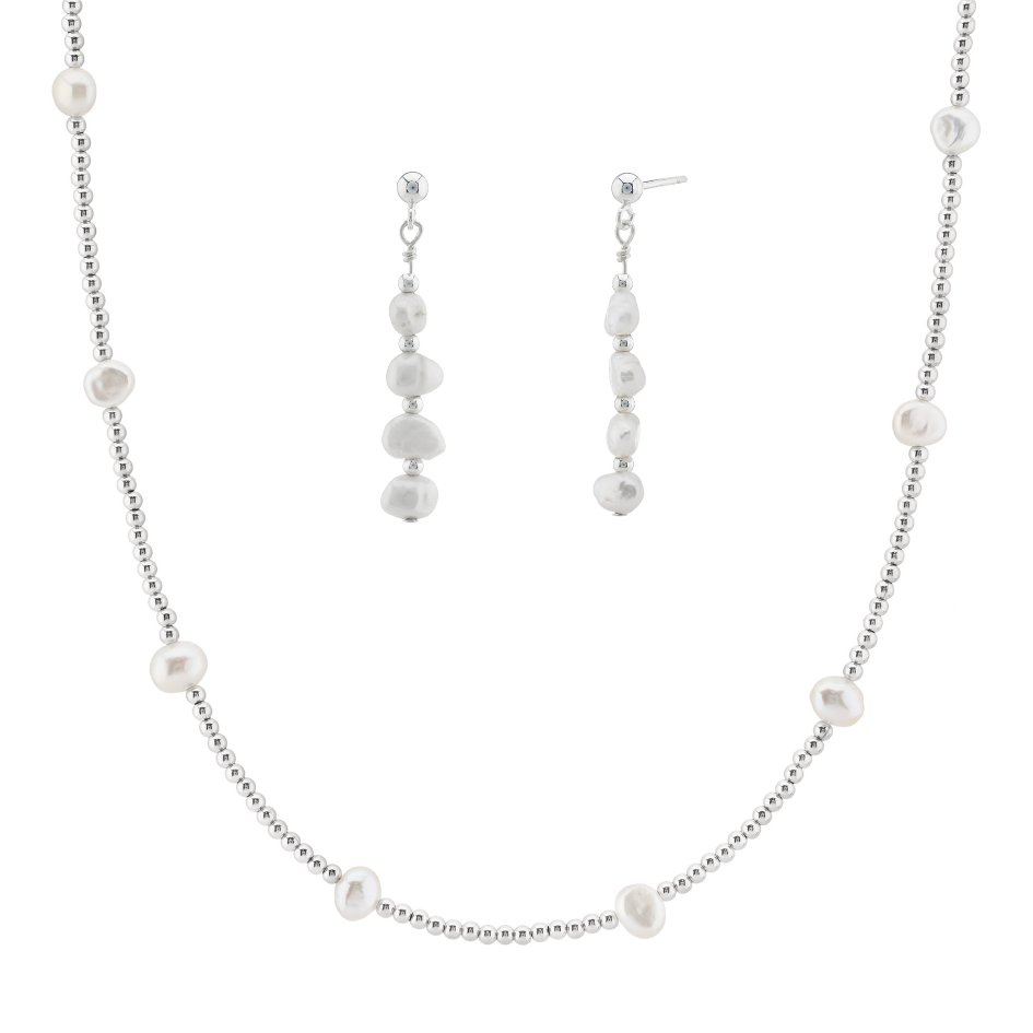 Dainty Beaded Freshwater Pearl Necklace & Earrings Bridal Jewellery Set