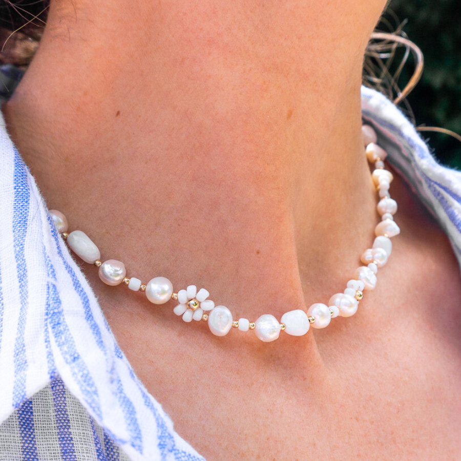Moonstone Barbie Inspired Necklace. Handmade with freshwater pearls, moonstone gemstones & glass seed beads. Available in sterling silver & 9ct gold-filled beads. The perfect Barbie jewellery for adults.