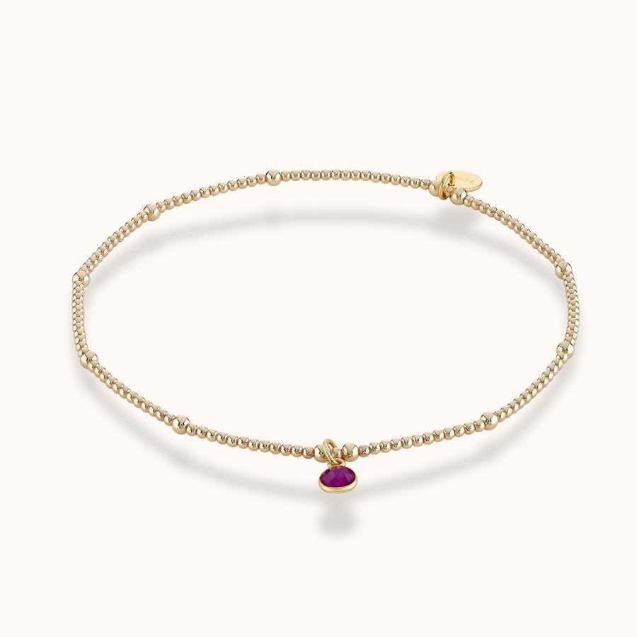 Beaded Anklet with Ruby Gemstone Charm July Birthstone UK Tomm Jewellery