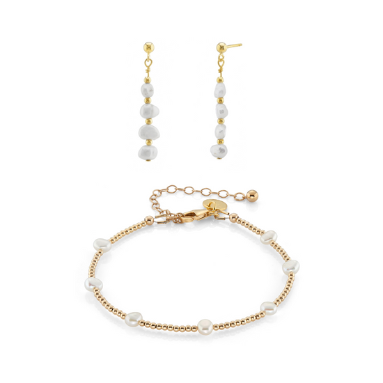 Dainty Beaded Freshwater Pearl Bracelet & Earrings Bridal Jewellery Set