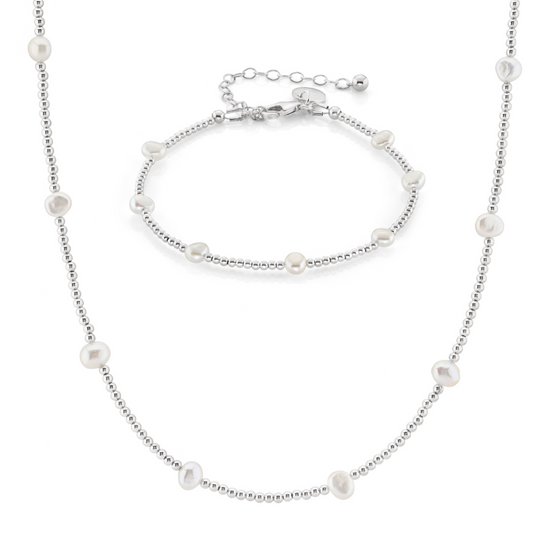 Load image into Gallery viewer, Dainty Beaded Freshwater Pearl Necklace &amp;amp; Bracelet Bridal Jewellery Set
