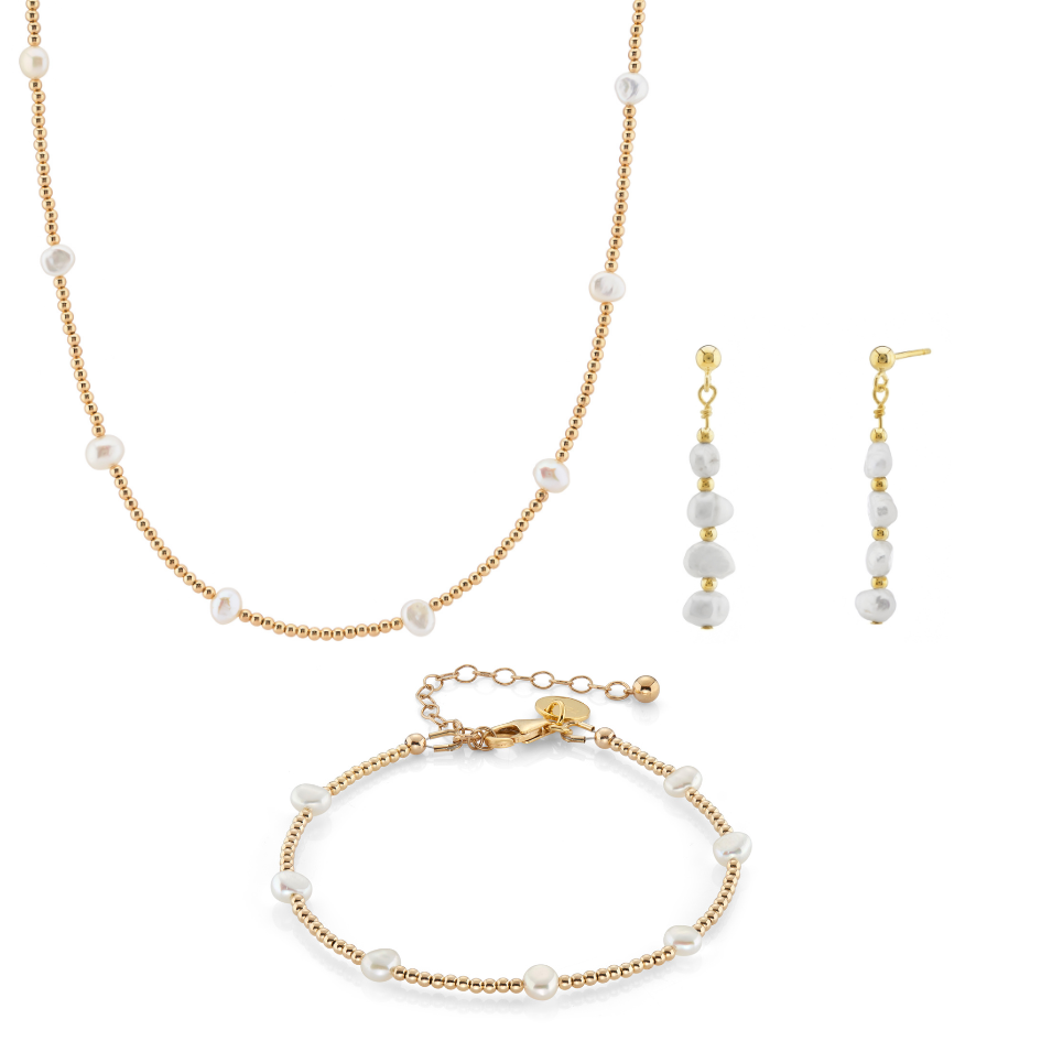 Dainty Beaded Freshwater Pearl Necklace, Bracelet & Earring Bridal Jewellery Set