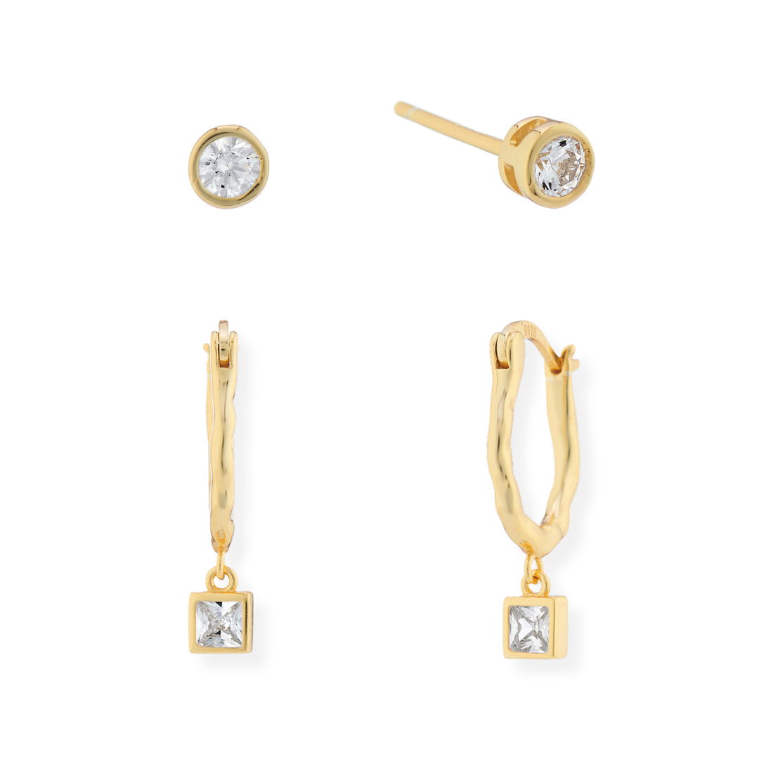 Crystal Oval Hammered Hoops & Mini Crystal Stud Earrings Set