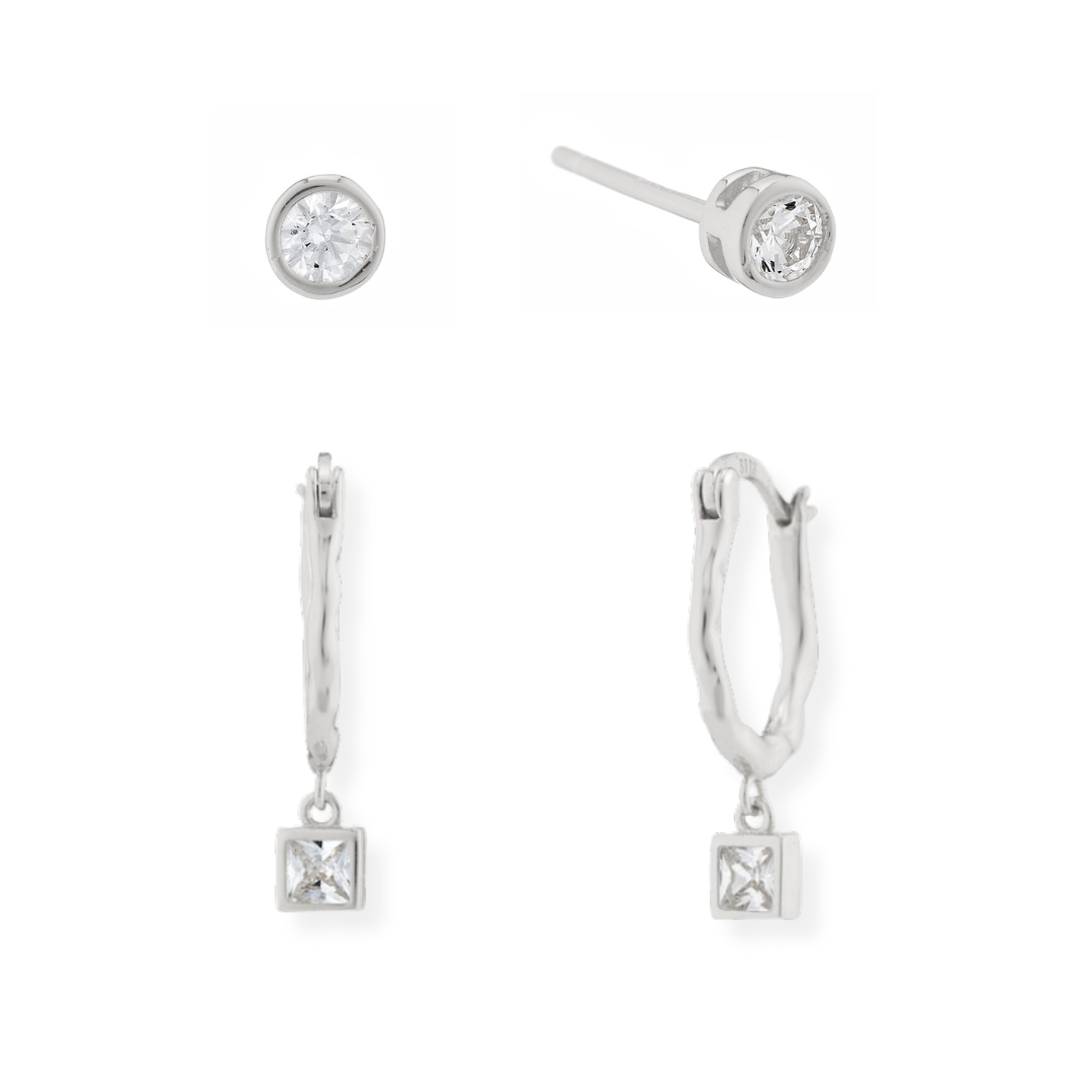 Crystal Oval Hammered Hoops & Mini Crystal Stud Earrings Set