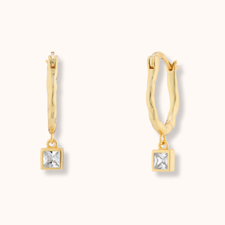 Crystal Oval Hammered Hoop Earrings with Square Charm