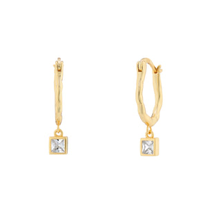 Crystal Oval Hammered Hoop Earrings with Square Charm