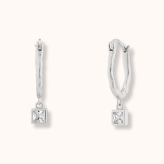 Crystal Oval Hammered Hoop Earrings with Square Charm