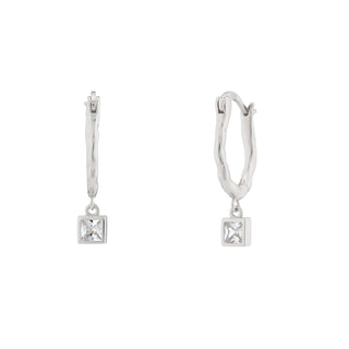 Crystal Oval Hammered Hoop Earrings with Square Charm