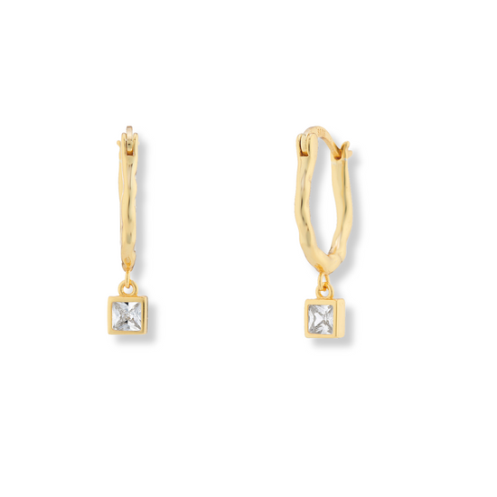 Crystal Oval Hammered Hoop Earrings with Square Charm