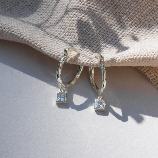 Crystal Oval Hammered Hoop Earrings with Square Charm