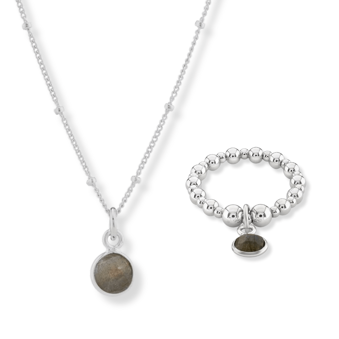 Load image into Gallery viewer, Labradorite March Birthstone Necklace &amp;amp; Ring Set

