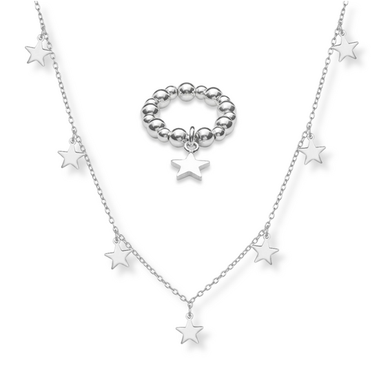 Load image into Gallery viewer, Multi Star Charm Necklace &amp;amp; Ring Set
