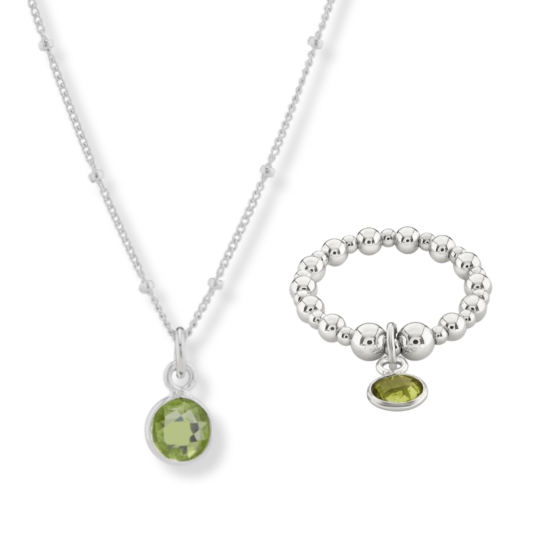 August Birthstone Jewellery Set Peridot Necklace Ring Tomm