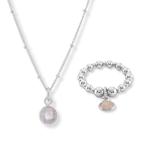 Load image into Gallery viewer, Rose Quartz October Birthstone Necklace &amp;amp; Ring Set
