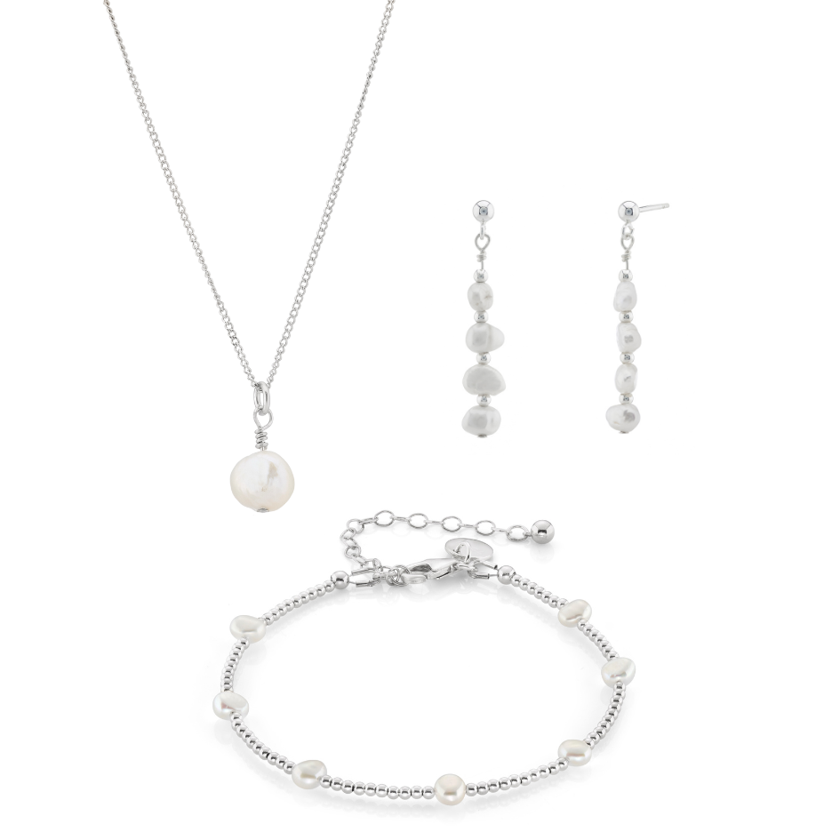 Load image into Gallery viewer, Single Freshwater Pearl Necklace, Bracelet &amp;amp; Earrings Bridal Jewellery Set
