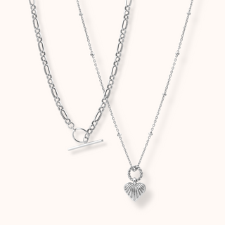 T-Bar Toggle & Dainty Heart Satellite Chain Necklace Layering Set