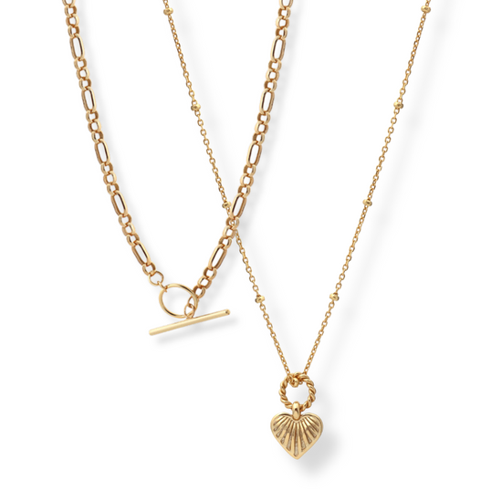 Load image into Gallery viewer, T-Bar Toggle &amp;amp; Dainty Heart Satellite Chain Necklace Layering Set
