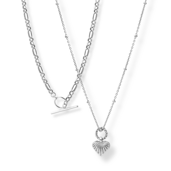 T-Bar Toggle & Dainty Heart Satellite Chain Necklace Layering Set