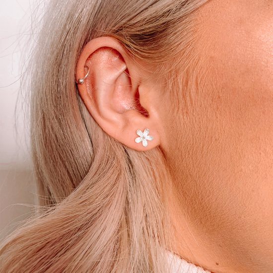 flower stud earrings- on model -silver